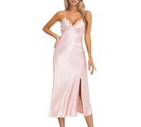 Alcea Rosea Ladies Satin Nightdress Lace Sleeveless Lingerie with V-Neck Nightwear Sexy Backless Satin Slip Silk Negligee S-XXXL(Powder Satin, M)