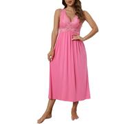 Alcea Rosea Lingerie de Nuit pour Femmes Longue Chemise de Nuit en Dentelle décolleté en V sans Manches Nuisette élégante S-XXXL (Rose Vif, L)
