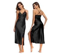 Alcea Rosea Nuisette longue en satin pour femme avec bretelles en dentelle Taille S à XXXL, Noir , M