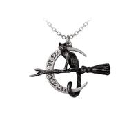 Alchemy Collier gothique en étain anglais avec pendentif en forme de chat noir sur balai et lune, 18 g