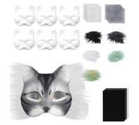 ALCXAZS Pour Masque de chat en tissu feutré, ensemble de bricolage avec maille pour les yeux et Kit papier autocollant pierres précieuses, chat blanc avec feuille tissu, maille en Faux yeux,