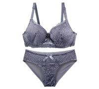 ALDOLA Ensemble Soutien Gorge Culotte Armature Soutien Gorge Soutiens Gorges Grande Taille Gris Push Up Dentelle Brassière et Confort Culotte Taille:95B