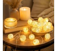 ALEGRE® Guirlande lumineuse à 10 boules en rotin - 1,5 m - Avec piles - Pour intérieur - Pour chambre d'enfant, mariage, jardin, décoration de Noël