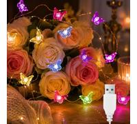 ALEGRE® Guirlande lumineuse LED papillon avec USB - 2 m - 20 LED - Papillons multicolores - Décoration intérieure et extérieure - Pour mariage, jardin, printemps