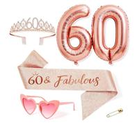 ALEGRE® Kit de décoration pour 60e anniversaire pour femme - Avec 60 ballons, couronne, écharpe et lunettes en forme de cœur - Décoration d'anniversaire 60 ans - Cadeau d'anniversaire pour femme pour