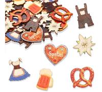 ALEGRE Streudeko Lot de 50 confettis décoratifs en bois pour fête de la bière, edelweiss, bière, Dirndl, brezel, pantalon en cuir, décoration de table pour fête de la bière, décoration de fête de la