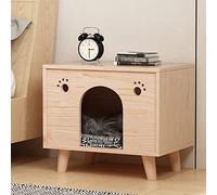 ALEjon Niche pour Chat en Bois Massif, Table de Nuit 2 en 1 pour Animal de Compagnie avec Motif d'empreinte de Pas Mignon, Petite Niche Naturelle pour Salon Familial, Chambre d'enfant