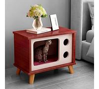 ALEjon Table d'appoint d'intérieur pour Maison de Chat, Maison pour Animaux de Compagnie en Forme de télévision avec Pied en Bois et fenêtre Ronde Creuse, Chambre de lit pour Animaux de