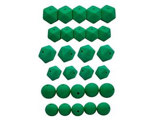 Alenybeby Lot de 50 perles rondes en silicone vert Kelly de 14 mm, 17 mm, perles hexagonales icosaèdres en silicone de 12 mm, 15 mm pour porte-clés, maman, loisirs créatifs, colliers, bijoux