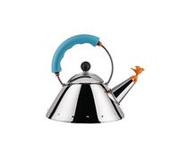 Alessi Kettle 9093/1 LAZ - Bouilloire Design, Compatible avec la Cuisson par Induction, Fond en Acier Inoxydable 18/10 Brillant avec Poignée et Sifflet-Oisillon en PA, Bleu clair, 100 cl