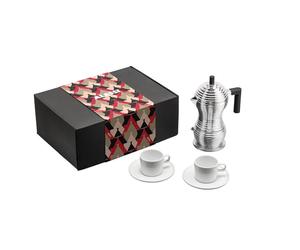 Alessi - MDL02BSET - Set Composé d'une Cafetière Pulcina, 2 Tasses avec Soucoupe, en Fonte d'Aluminium, PA et Porcelaine, Multicolore