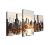 Alessio Cacciatore Tableau Triptyque Mural Xxl Abstrait - Décoration Murale Pour Bureau - Tableau Moderne Chicago - Impression Sur Toile Ville - Skyline Chicago - Art Urbain (100x75cm +2x 80x60cm)