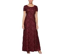 Alex Evenings Women's Long Rosette Mother of The Bride Dress with Short Sleeves, Wedding Guest, Merlot, 14
