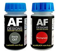 Alex Flittner Designs Stylo de retouche compatible avec Dacia C67 Gris Olive Nacre Metallic + Set de peinture automobile comprenant vernis transparent et peinture de base, 50ml chacun