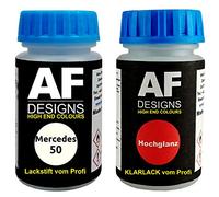 Alex Flittner Designs Stylo de retouche compatible avec Mercedes/Daimler Benz 050 Weiss/Polizeiweiss + Set de peinture automobile comprenant vernis transparent et peinture de base, 50ml chacun