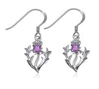 Alexander Castle Boucles D'oreilles Pendantes en Argent Sterling 925 Motif Chardon Écossais et Véritable Améthyste 12mm x 10mm Présentées dans un Coffret Cadeau Bijoux
