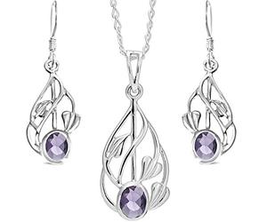 Alexander Castle Parure de bijoux pour femme en argent sterling 925 et améthyste Charles Rennie Mackintosh - Ensemble collier et boucles d'oreilles avec boîte cadeau, Argent sterling, Améthyste