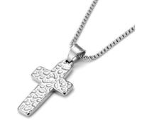 ALEXCRAFT Chaîne en acier inoxydable argenté avec pendentif en forme de croix martelée pour homme et femme, réglable, plaqué or 18 carats, de qualité supérieure, étanche, religion stable en acier