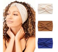 Alexis Leroy 3 Pcs Bandeau Cheveux Femme Bandeau Large Élastique Uni Multipack Beige/Marron/Bleu Marine