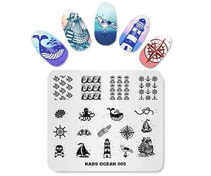 Alexnailart Plaques d'estampage Nail Art Gabarits de gabarit Manucure Océan Bleu Marine Phare de poisson ancre Vague Multi-Pattern Design Stamping Image Outils de pochoir Nail Art