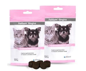 alfavet FeliGum Gingiva | Pack Double | 2 x 120 g | Complément Alimentaire pour Chats et Petits Chiens | avec extrait d'écorce de Saule et acides Gras oméga-3 | Délicieuses Gouttes à mâcher