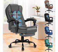 ALFORDSON Chaise de bureau ergonomique avec massage, repose-pieds et inclinaison à 150°, chaise de direction en velours avec levage à gaz SGS, chaise de jeu pivotante, cuir PU, gris