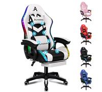ALFORDSON Chaise de Gaming, Chaise de Joueur de Course avec Éclairage LED RVB, Fauteuil d'ordinateur Massant avec Repose-Pieds, Chaise Pivotante Ergonomique avec Dossier à Levier, Blanc