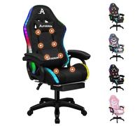 ALFORDSON Chaise de Gaming, Chaise de Joueur de Course avec Éclairage LED RVB, Fauteuil d'ordinateur Massant avec Repose-Pieds, Chaise Pivotante Ergonomique avec Dossier à Levier, Tissu, Noir