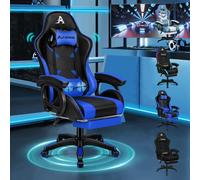 ALFORDSON Chaise de Gaming de Course Massante 2 Points, Chaise de Gamer Ergonomique avec Support de Coussin Lombaire, Repose-Pieds, Dossier à Levier 90-150°, Bleu