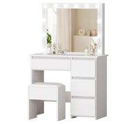 ALFORDSON Coiffeuse avec Miroir et éclairage, Ensemble de Vanity de 90 cm avec 4 tiroirs et Tabouret de Rangement, lumières LED réglables