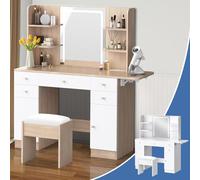 ALFORDSON Coiffeuse avec Miroir et éclairage, Vanity Moderne avec Plateau Large, Ensemble Dressing Table avec 2 armoires, 5 tiroirs, 6 étagères Ouvertes et Tabouret de Rangement Chambre, Couleur Bois