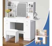 ALFORDSON Coiffeuse avec Miroir et éclairage, Vanity Moderne avec Plateau Large, Ensemble Dressing Table avec 2 armoires, 5 tiroirs, 6 étagères Ouvertes et Tabouret de Rangement pour Chambre, Blanc