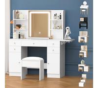 ALFORDSON Coiffeuse avec Miroir, lumières LED, Prise de Courant, Vanity avec 5 tiroirs, 2 armoires et 6 étagères de Rangement, Makeup Table pour Chambre à Coucher ou Dressing, Blanc
