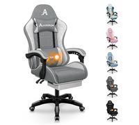 ALFORDSON Fauteuil de Jeu massant, Chaise de Bureau avec Repose-Pieds, capacité de Charge de 180 kg, Chaise Ergonomique pour PC, Rotation à 360°, Tissu en Lin,Gris Clair