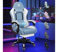 ALFORDSON Fauteuil de Jeu massant, Chaise de Bureau avec Repose-Pieds, capacité de Charge de 180 kg, Chaise Ergonomique pour PC, Rotation à 360°, Tissu en Lin,Bleu