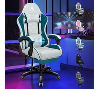 ALFORDSON Fauteuil de Jeu massant, Chaise de Bureau avec Repose-Pieds, capacité de Charge de 180 kg, Chaise Ergonomique pour PC, Rotation, Tissu en Lin,Vert Sarcelle foncé