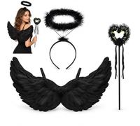 Alfuny Costume Ange Noir Femme, Ailes d'ange 70 cm, Ensemble 3 pièces | Plumes véritables, collées main, set avec auréole et baguette, pour Halloween et carnaval, bretelles douces