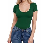 ALGALAROUND Y2K T-shirt à manches courtes et col en U pour femme - Haut basique élégant - Coupe ajustée - Stretch - Tenue d'été 2025, vert foncé, M