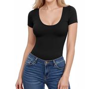 ALGALAROUND Y2K T-shirt à manches courtes et col en U pour femme - Haut basique élégant - Coupe ajustée - Stretch - Tenue d'été 2025, Noir , M