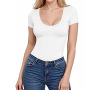 ALGALAROUND Y2K T-shirt à manches courtes et col en U pour femme - Haut basique élégant - Coupe ajustée - Stretch - Tenue d'été 2025, Blanc., S