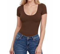 ALGALAROUND Y2K T-shirt à manches courtes et col en U pour femme - Haut basique élégant - Coupe ajustée - Stretch - Tenue d'été 2025, marron, XXL
