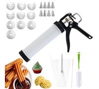AlgoELF Pistolet à biscuits manuel 3 en 1, kit de machine à churrera Churro, grande capacité de 2 tasses, 1 poche à douille et embout, 10 disques à churro et biscuits, 8 douilles de glaçage, 2 brosses
