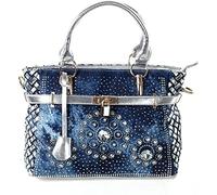 Alice Fan Sac à main en jean pour femme - Grande capacité - Sac fourre-tout tendance avec strass et strass, Argenté