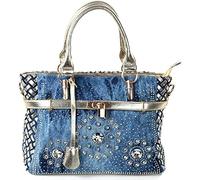 Alice Fan Sac à main en jean pour femme - Grande capacité - Sac fourre-tout tendance avec strass et strass, doré