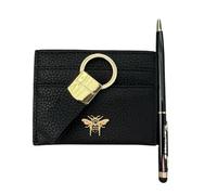 Alice Wheeler London Coffret cadeau de luxe 3 pièces - Porte-cartes en cuir vegan avec nœud papillon doré - Porte-clés exclusif et stylo à bille avec stylet - Coffret cadeau - 5 couleurs, Noir