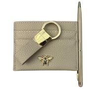 Alice Wheeler London Coffret cadeau de luxe 3 pièces - Porte-cartes en cuir vegan avec nœud papillon doré - Porte-clés exclusif et stylo à bille avec stylet - Coffret cadeau - 5 couleurs, stone