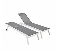 Alice's Garden - Lot de 2 Bains de Soleil Elsa en Aluminium Blanc et textilène Gris. transats Multi Positions avec roulettes