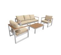 Alice's Garden - Salon de Jardin 5 Places en Aluminium et Eucalyptus - Nazca - Structure Blanche. Coussins Beiges