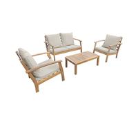 Salon de jardin en bois 4 places - Ushuaïa - Coussins écrus. canapé. fauteuils et table basse en acacia. design