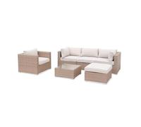 Alice's Garden - Salon de Jardin en résine tressée - Caligari - Beige. Coussins Beige - 5 Places - 1 Fauteuil. 1 Fauteuil sans accoudoir. 1 Pouf. 2 fauteuils d'angle. Une Table Basse